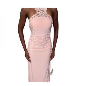 NWT CACHE pink Beaded Women's Ruched Racerback Sleeveless Maxi Evening Dress